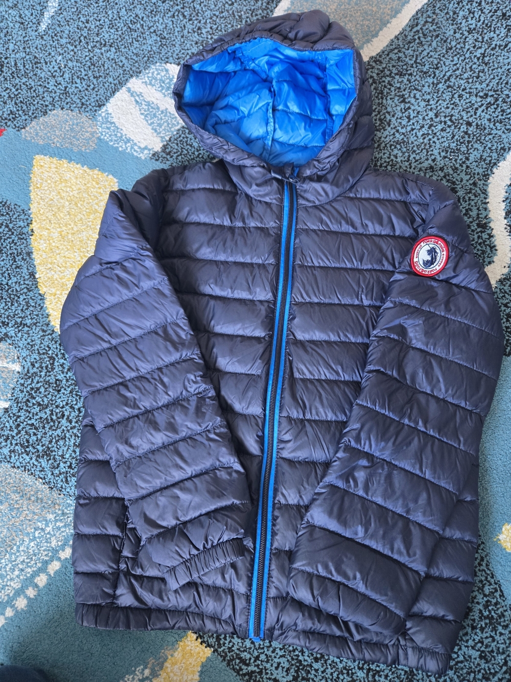 Kids Hooded Puffer Jacket in Navy with Bright Blue Lining
